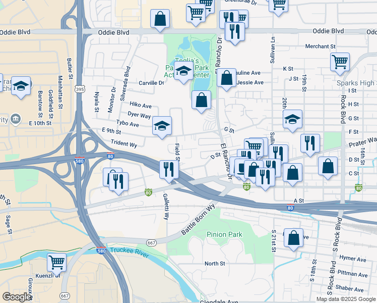 map of restaurants, bars, coffee shops, grocery stores, and more near 2525 Maxine Circle in Sparks