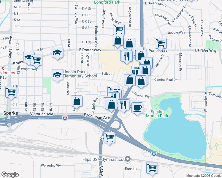 map of restaurants, bars, coffee shops, grocery stores, and more near 445 Pine Meadows Drive in Sparks