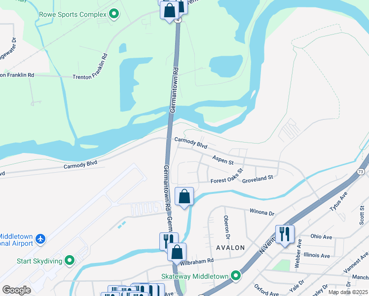 map of restaurants, bars, coffee shops, grocery stores, and more near 2400 Carmody Boulevard in Middletown