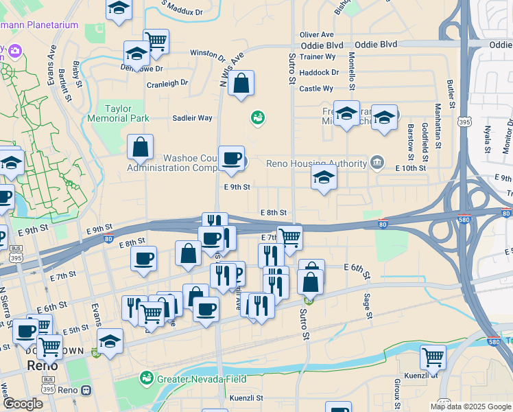 map of restaurants, bars, coffee shops, grocery stores, and more near 1090 East 8th Street in Reno
