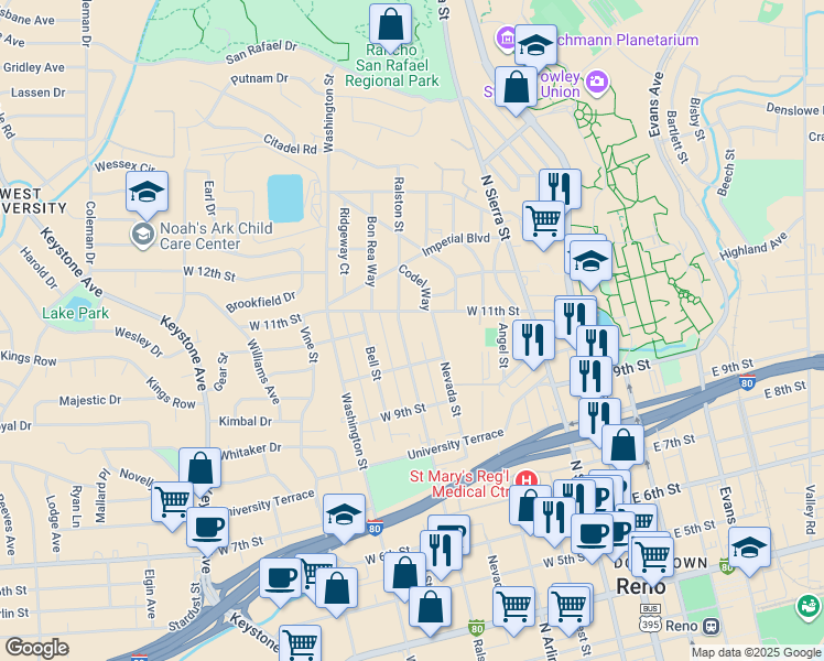 map of restaurants, bars, coffee shops, grocery stores, and more near 1022 Ralston Street in Reno