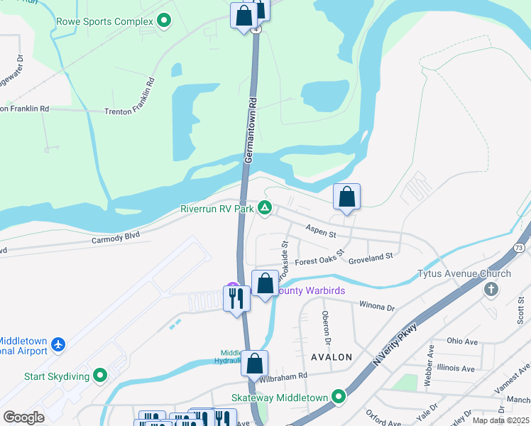 map of restaurants, bars, coffee shops, grocery stores, and more near 2400 Carmody Boulevard in Middletown