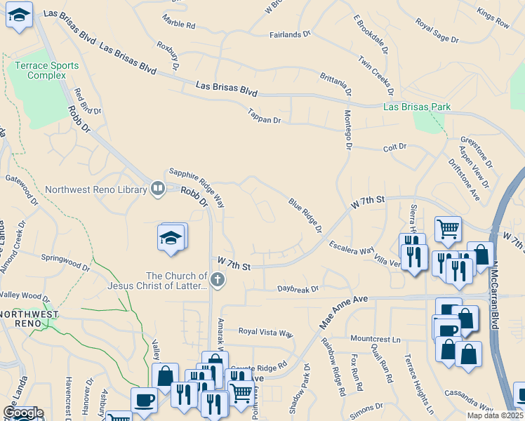 map of restaurants, bars, coffee shops, grocery stores, and more near 5820 Blue Canyon Drive in Reno