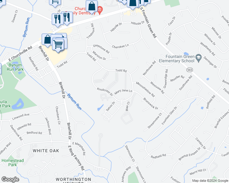 map of restaurants, bars, coffee shops, grocery stores, and more near 210 Mary Jane Lane in Bel Air