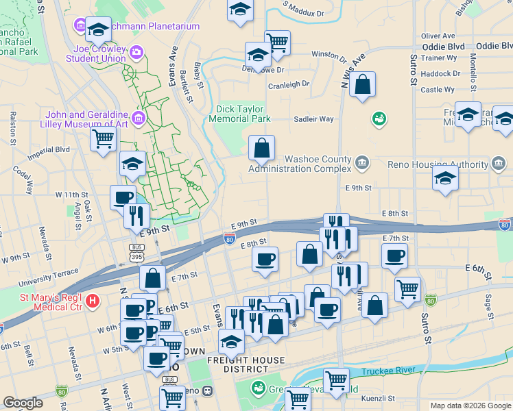 map of restaurants, bars, coffee shops, grocery stores, and more near 997 Valley Road in Reno