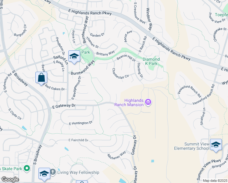 map of restaurants, bars, coffee shops, grocery stores, and more near 9839 Eliza Court in Highlands Ranch
