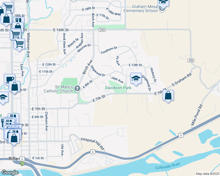 map of restaurants, bars, coffee shops, grocery stores, and more near 720 Elder Court in Rifle