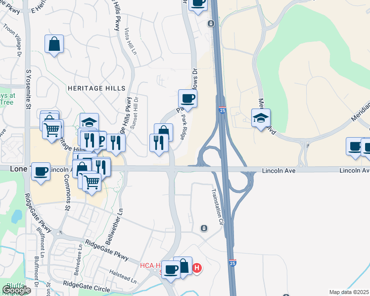 map of restaurants, bars, coffee shops, grocery stores, and more near 10475 Park Meadows Drive in Lone Tree
