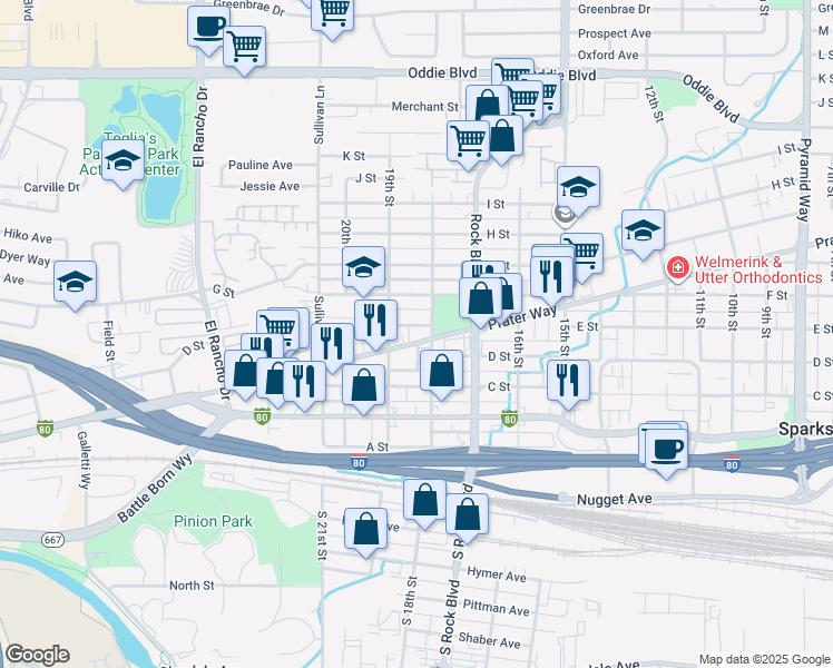 map of restaurants, bars, coffee shops, grocery stores, and more near 451 18th Street in Sparks