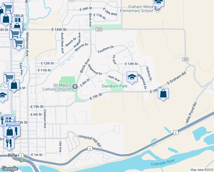 map of restaurants, bars, coffee shops, grocery stores, and more near 1416 East 7th Street in Rifle