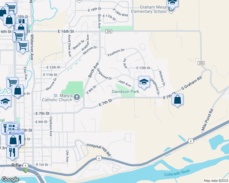 map of restaurants, bars, coffee shops, grocery stores, and more near 1416 East 7th Street in Rifle