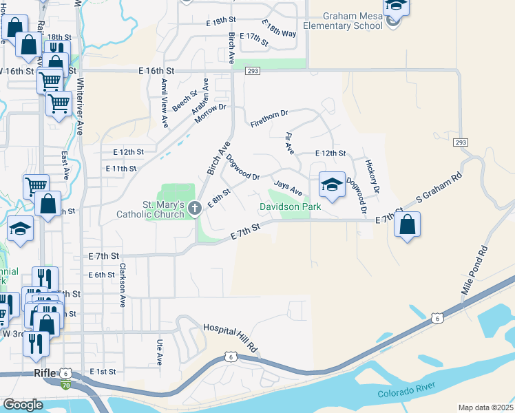 map of restaurants, bars, coffee shops, grocery stores, and more near 1312 East 7th Street in Rifle