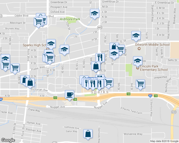 map of restaurants, bars, coffee shops, grocery stores, and more near 834 D Street in Sparks