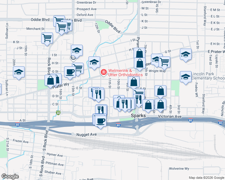 map of restaurants, bars, coffee shops, grocery stores, and more near 401 11th Street in Sparks