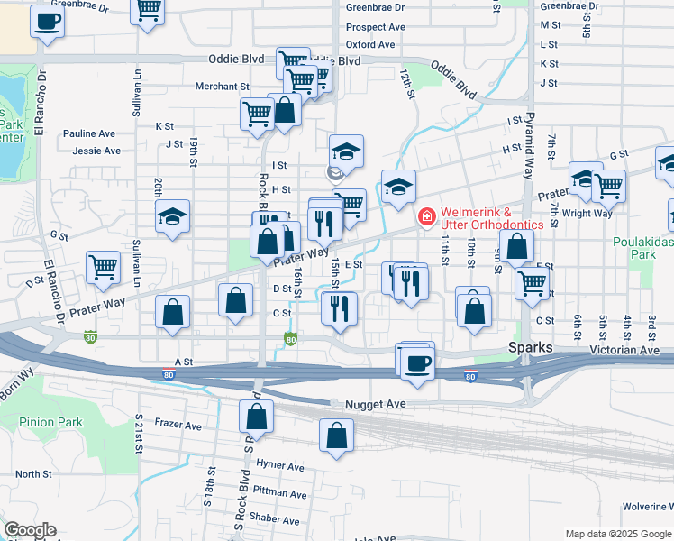 map of restaurants, bars, coffee shops, grocery stores, and more near 410 15th Street in Sparks
