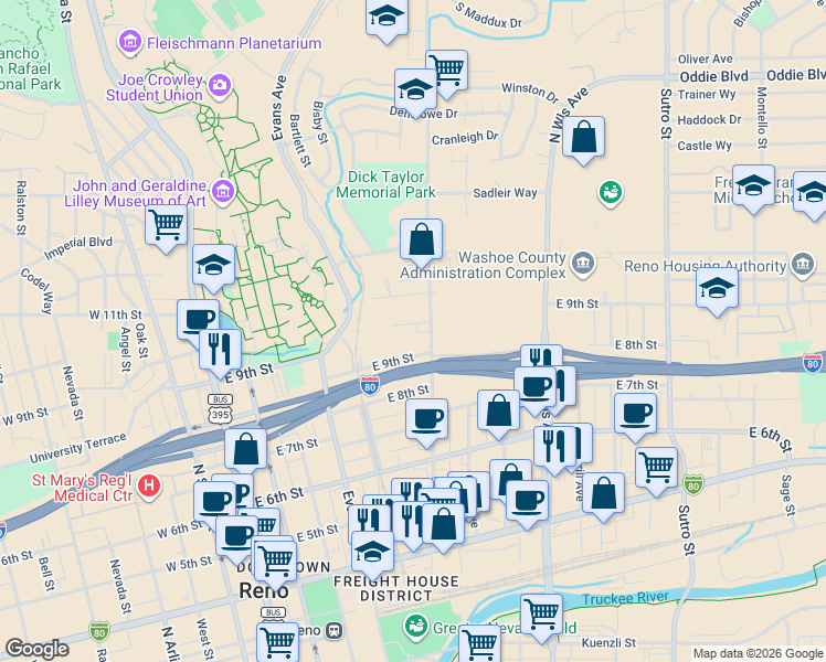map of restaurants, bars, coffee shops, grocery stores, and more near 997 Valley Road in Reno