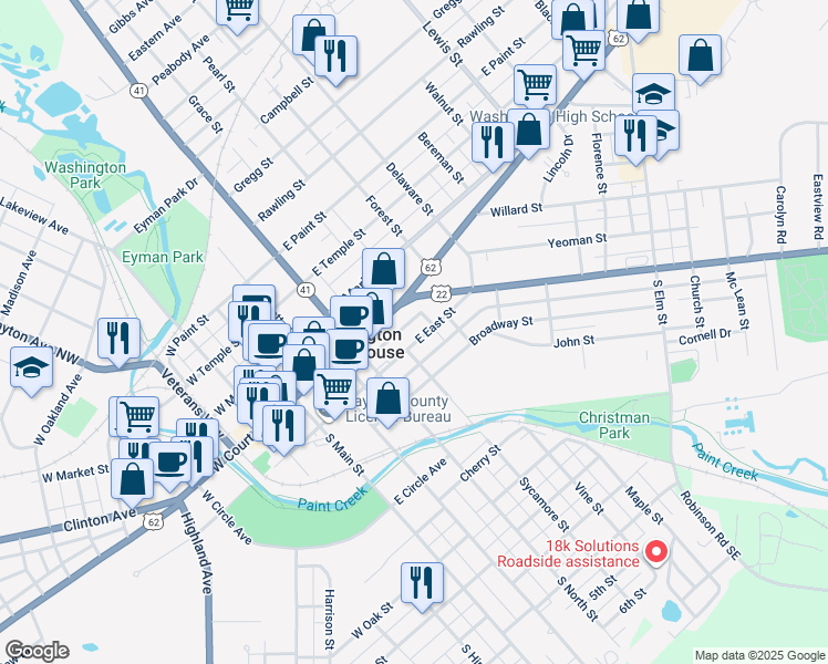 map of restaurants, bars, coffee shops, grocery stores, and more near 332 East East Street in Washington Court House