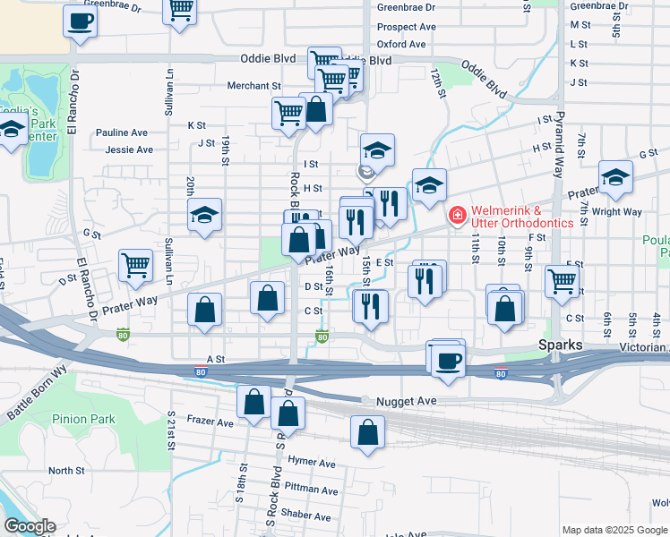 map of restaurants, bars, coffee shops, grocery stores, and more near 1539 D Street in Sparks