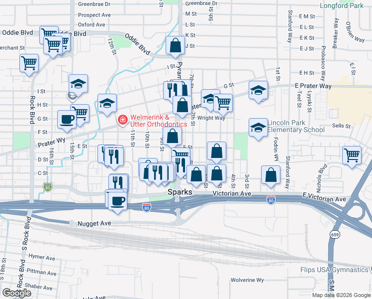 map of restaurants, bars, coffee shops, grocery stores, and more near 406 Pyramid Way in Sparks
