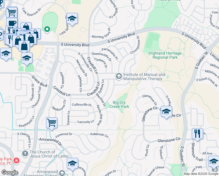 map of restaurants, bars, coffee shops, grocery stores, and more near 9865 South Atherton Way in Littleton