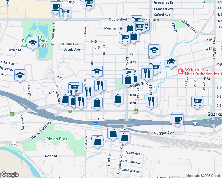 map of restaurants, bars, coffee shops, grocery stores, and more near 451 18th Street in Sparks