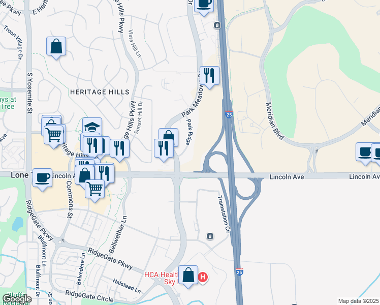 map of restaurants, bars, coffee shops, grocery stores, and more near 10475 Park Meadows Drive in Lone Tree