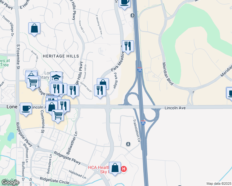 map of restaurants, bars, coffee shops, grocery stores, and more near 10475 Park Meadows Drive in Lone Tree