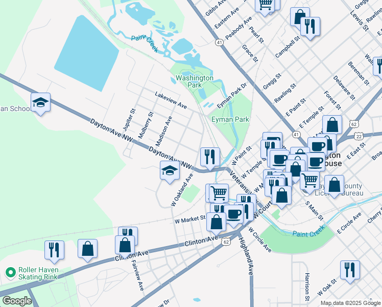 map of restaurants, bars, coffee shops, grocery stores, and more near 702 Dayton Avenue Northwest in Washington Court House