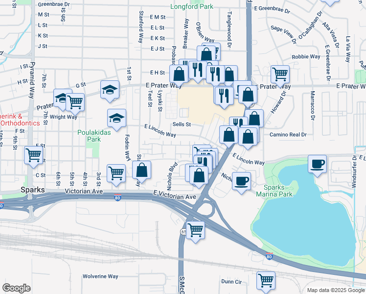 map of restaurants, bars, coffee shops, grocery stores, and more near 305 East Lincoln Way in Sparks