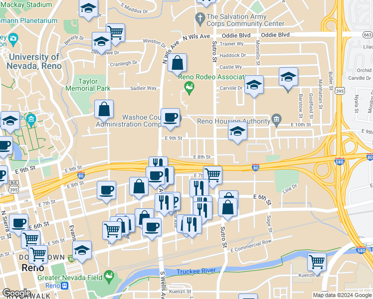 map of restaurants, bars, coffee shops, grocery stores, and more near 821 Spokane Street in Reno