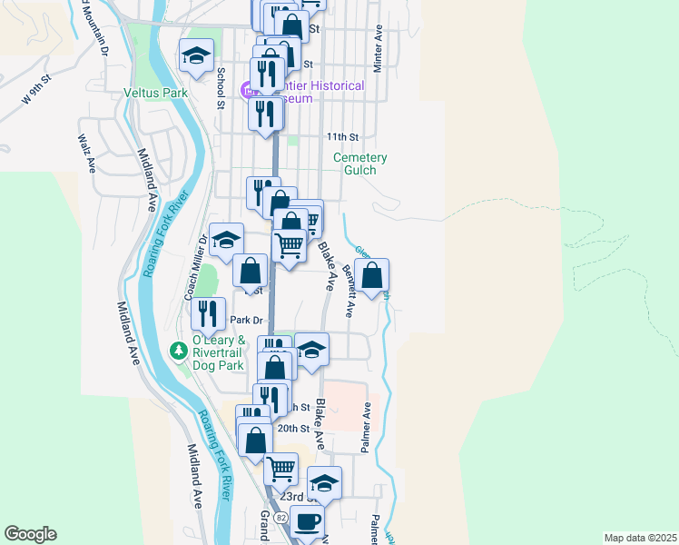 map of restaurants, bars, coffee shops, grocery stores, and more near 1515 Bennett Avenue in Glenwood Springs