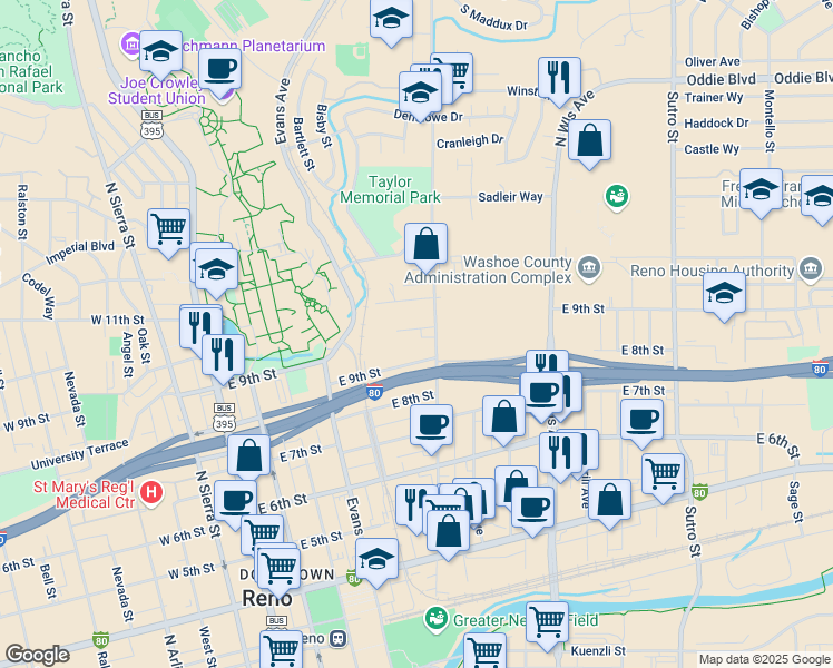 map of restaurants, bars, coffee shops, grocery stores, and more near in Washoe County