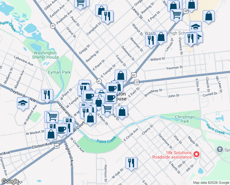 map of restaurants, bars, coffee shops, grocery stores, and more near 325 East Market Street in Washington Court House