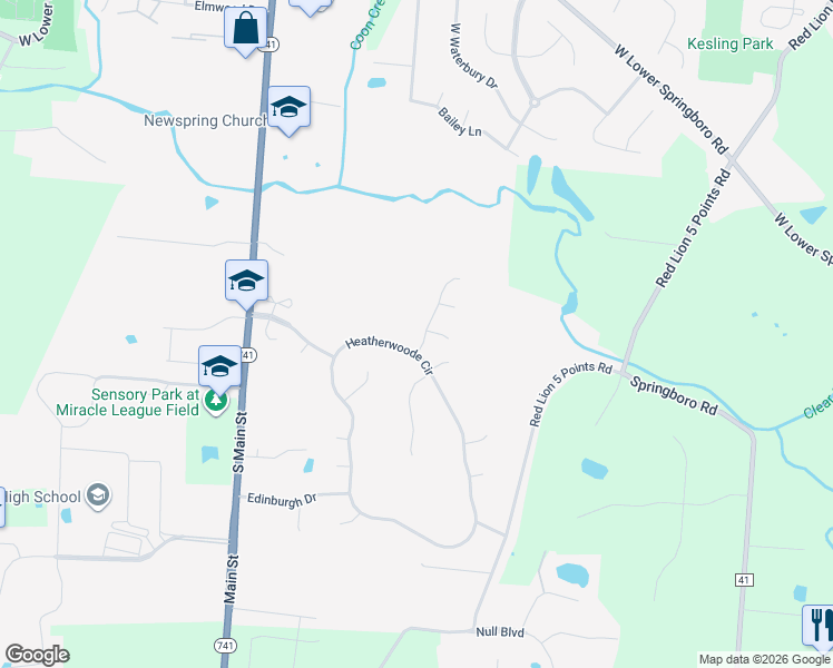 map of restaurants, bars, coffee shops, grocery stores, and more near 115 Dalfaber Lane in Springboro
