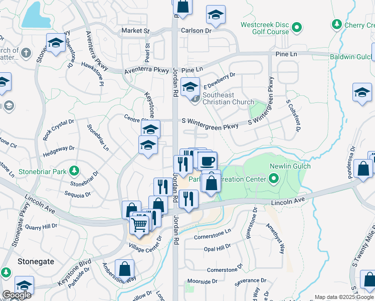 map of restaurants, bars, coffee shops, grocery stores, and more near 9579 Deer Horn Court in Parker