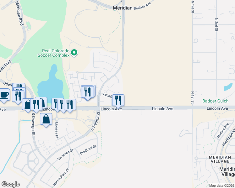 map of restaurants, bars, coffee shops, grocery stores, and more near 12834 Mayfair Way in Englewood