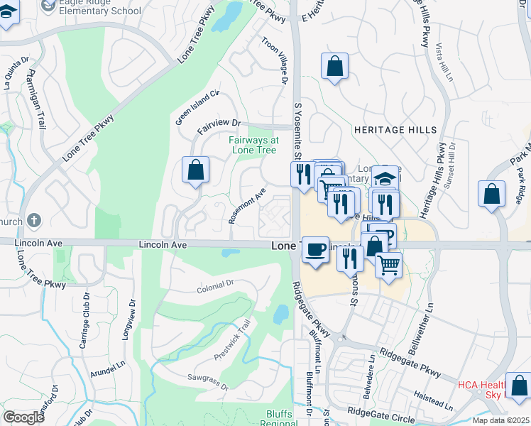 map of restaurants, bars, coffee shops, grocery stores, and more near 9810 Rosemont Avenue in Lone Tree