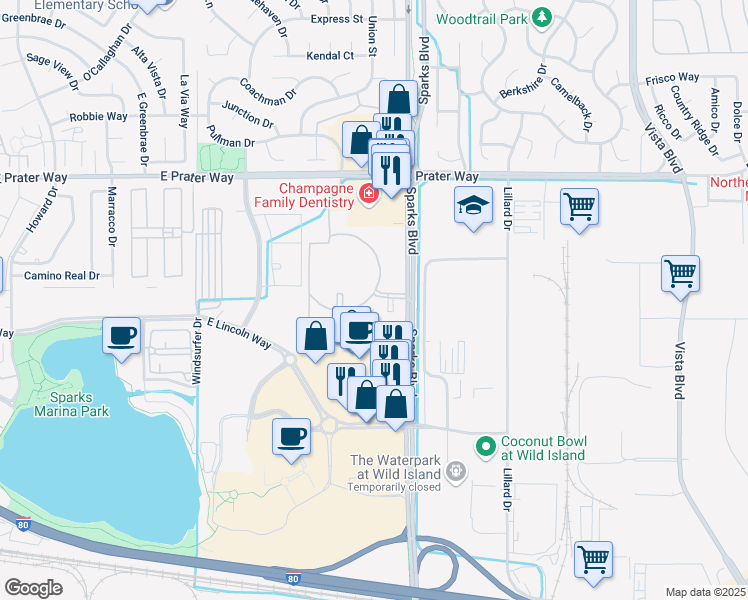 map of restaurants, bars, coffee shops, grocery stores, and more near 565 Mc Cabe Park Street in Sparks