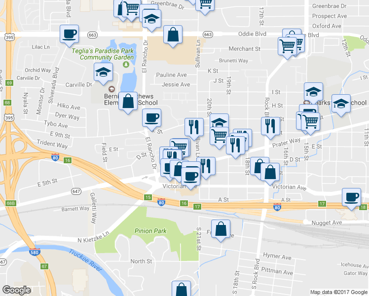 map of restaurants, bars, coffee shops, grocery stores, and more near 445 Sullivan Lane in Sparks