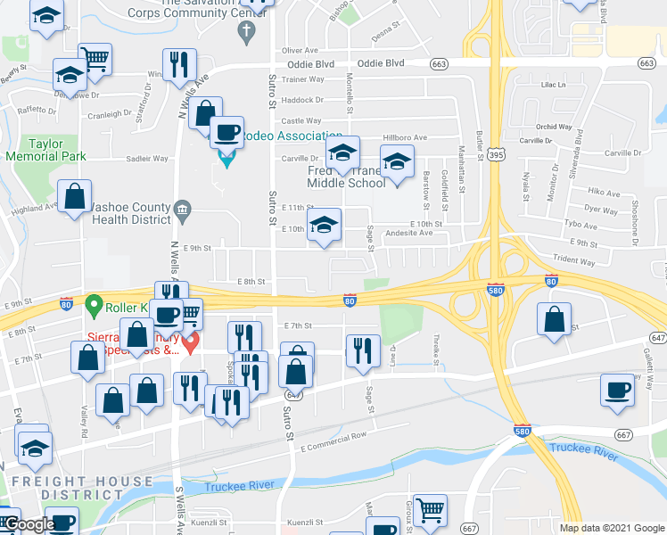 map of restaurants, bars, coffee shops, grocery stores, and more near 1351 East 9th Street in Reno