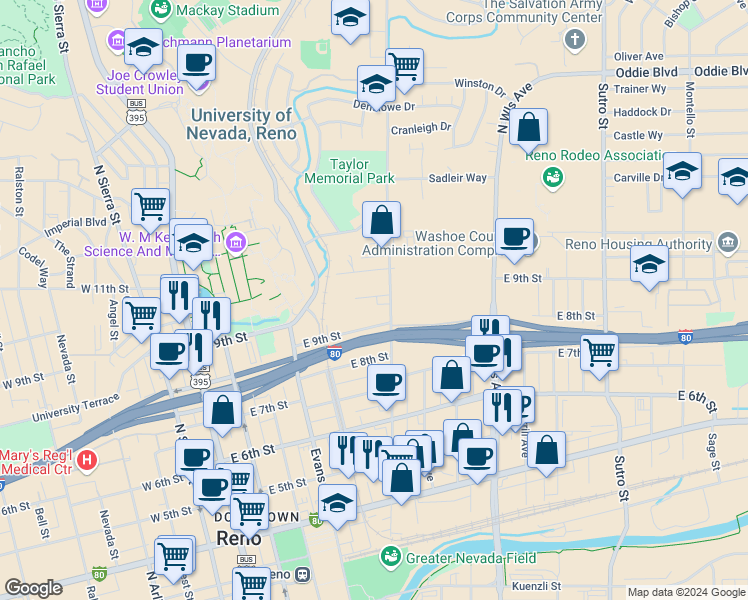 map of restaurants, bars, coffee shops, grocery stores, and more near in Washoe County