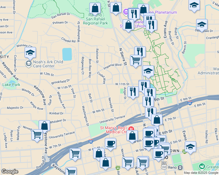 map of restaurants, bars, coffee shops, grocery stores, and more near 1101 The Strand in Reno