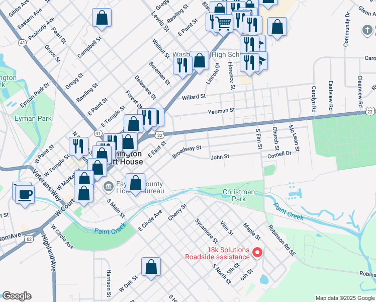 map of restaurants, bars, coffee shops, grocery stores, and more near 320 Hopkins Street in Washington Court House