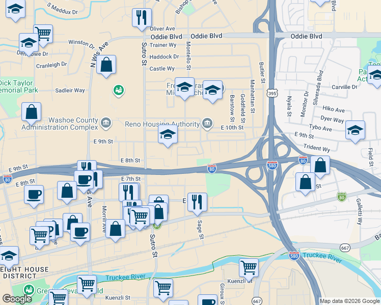 map of restaurants, bars, coffee shops, grocery stores, and more near in Reno