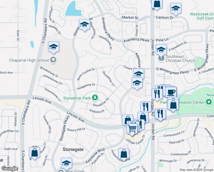 map of restaurants, bars, coffee shops, grocery stores, and more near 16239 Hedgeway Drive in Parker