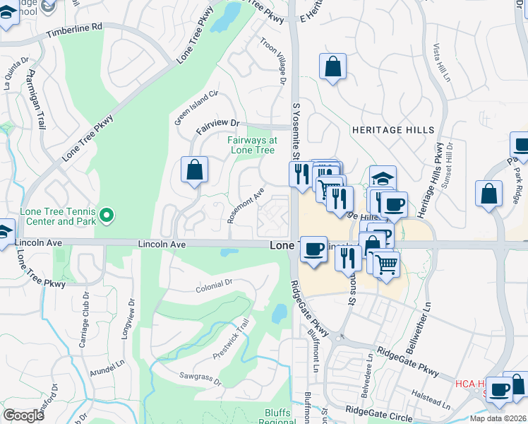 map of restaurants, bars, coffee shops, grocery stores, and more near 9760 Rosemont Avenue in Lone Tree