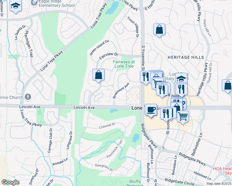 map of restaurants, bars, coffee shops, grocery stores, and more near 9810 Rosemont Avenue in Lone Tree