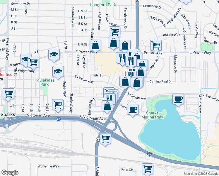 map of restaurants, bars, coffee shops, grocery stores, and more near 603 Alley No 1 in Sparks