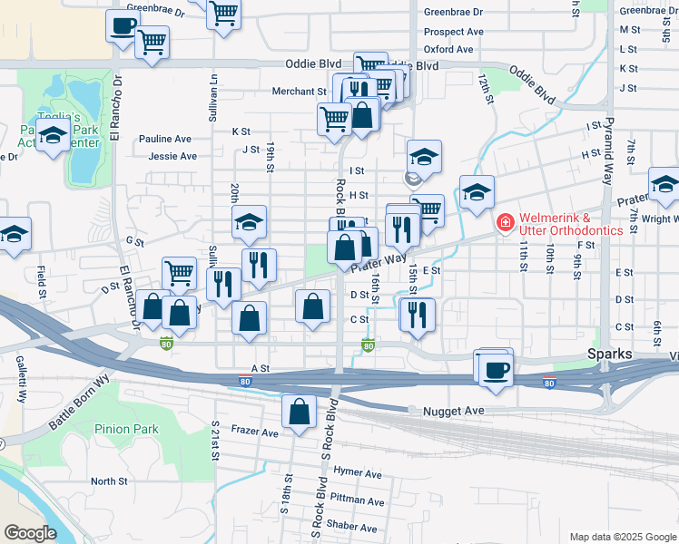 map of restaurants, bars, coffee shops, grocery stores, and more near Rock Blvd & Prater Way in Sparks