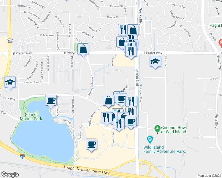 map of restaurants, bars, coffee shops, grocery stores, and more near 561 Sparks Boulevard in Sparks